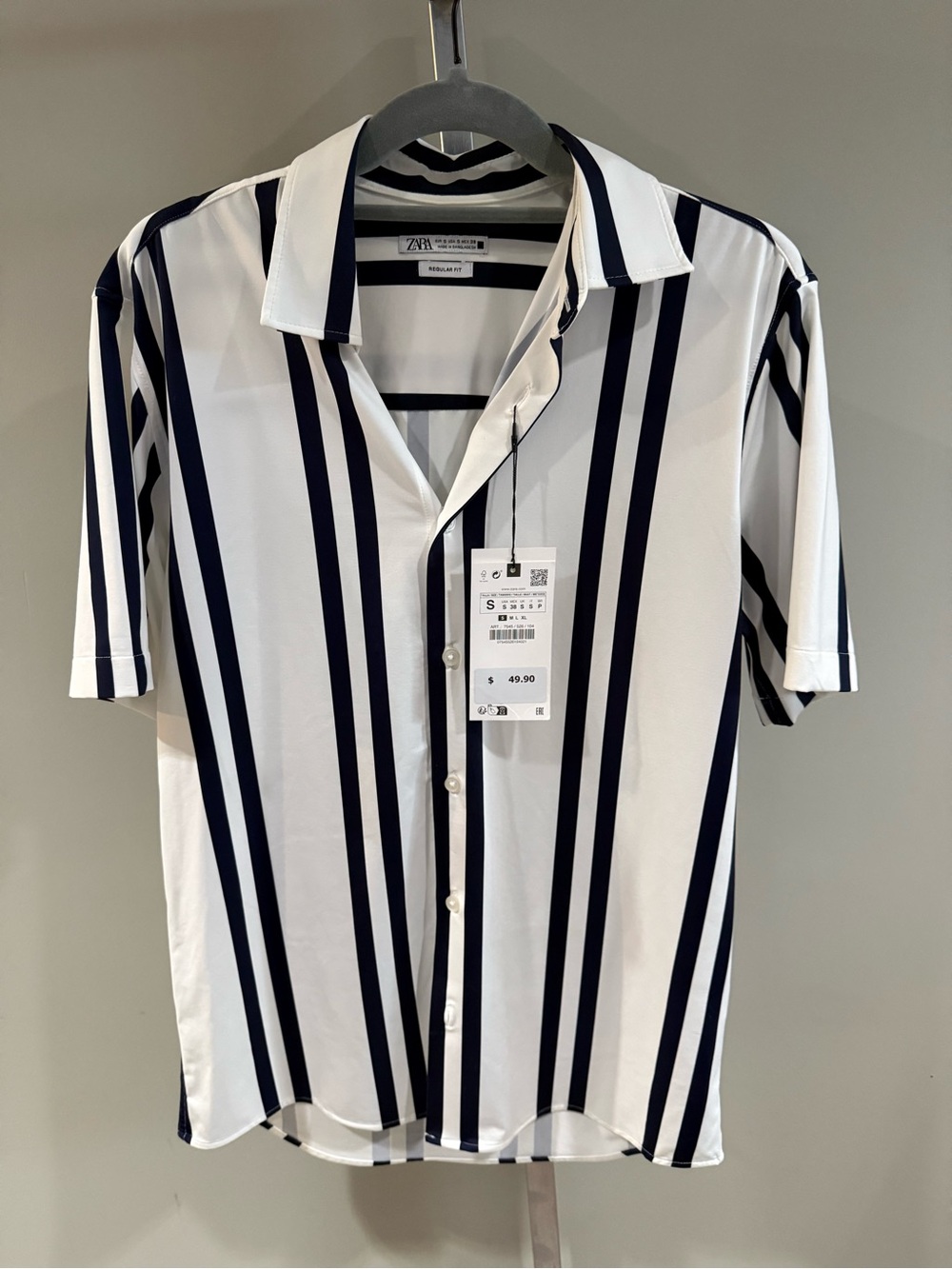 ZARA White and Navy Vertical Stripe Short Sleeve Button-Down Shirt